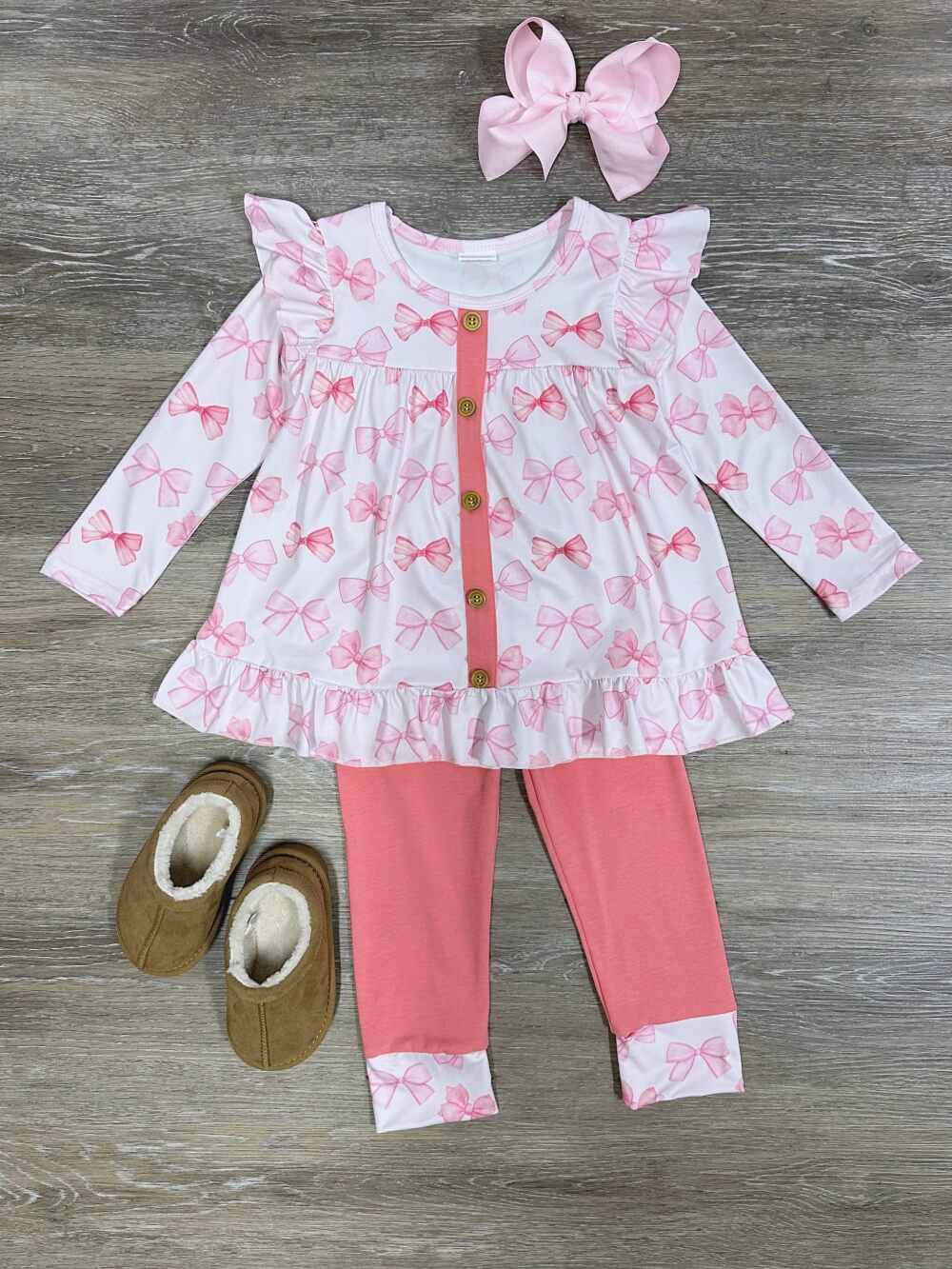 Coquette Bows Pink Girls Ruffle Top &amp; Leggings Outfit - Sydney So Sweet