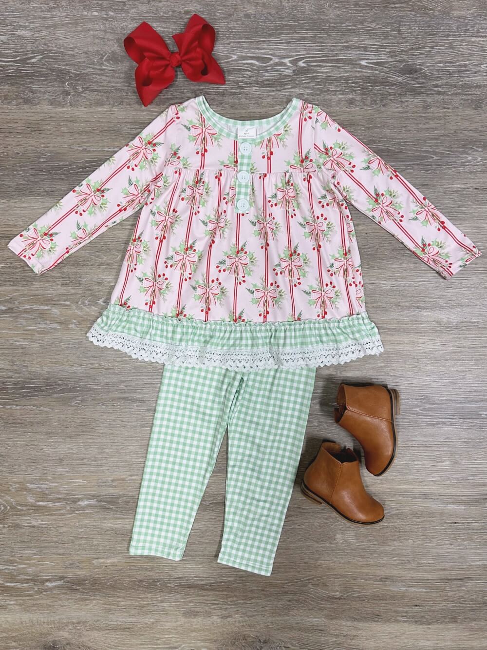 Coquette Christmas Bows Girls Gingham Pants Outfit - Sydney So Sweet