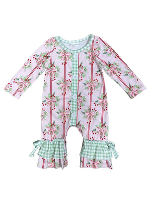 Coquette Christmas Bows Girls Gingham Trim Baby Romper - Sydney So Sweet