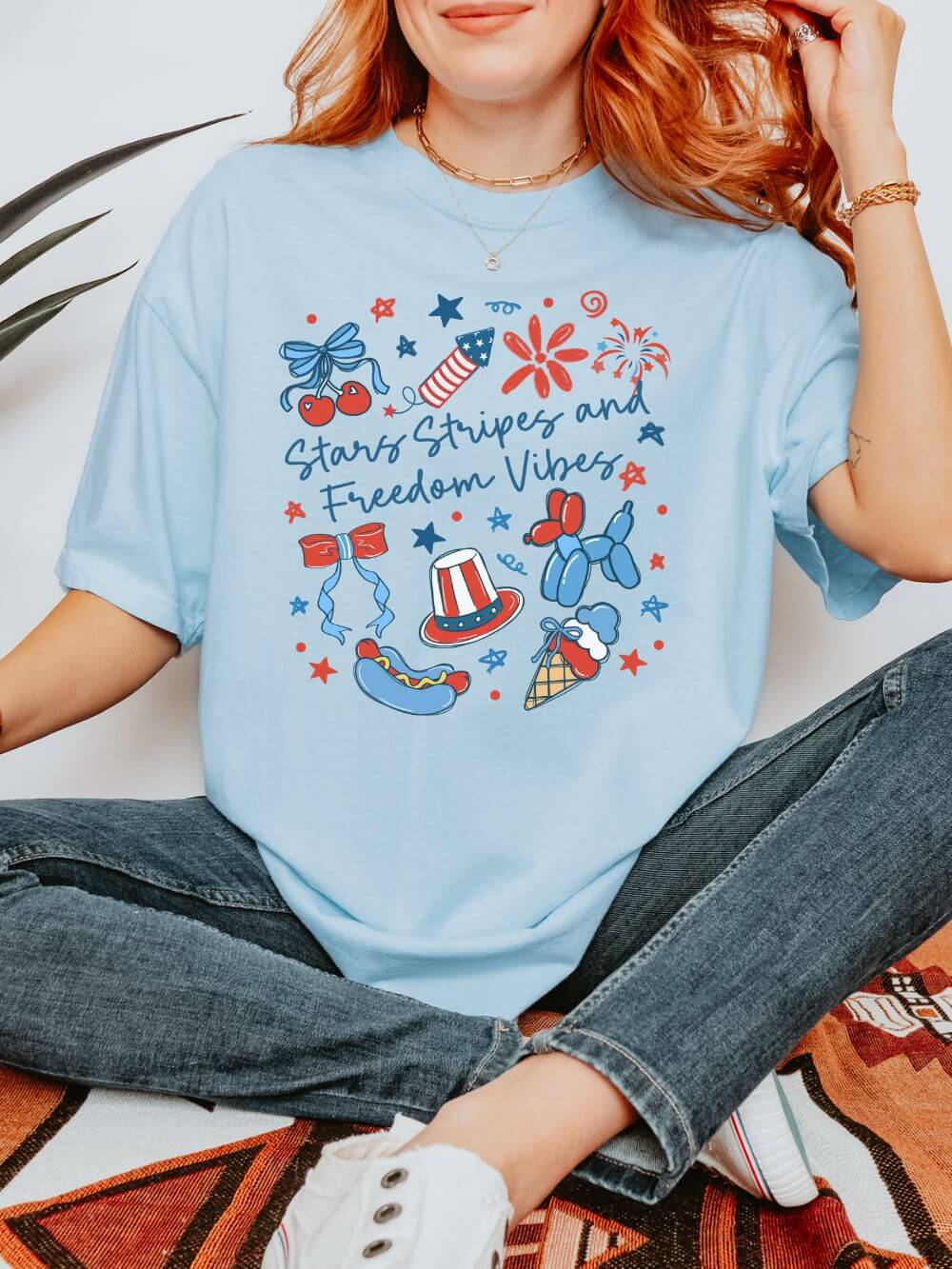 Stars, Stripes, and Freedom Vibes Coquette Summer Unisex Tee Comfort Colors 4th of July Patriotic Graphic T-Shirt - Sydney So Sweet
