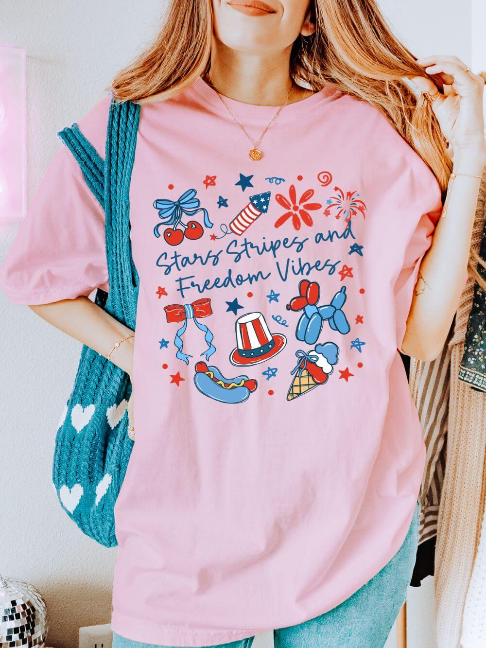 Stars, Stripes, and Freedom Vibes Coquette Summer Unisex Tee Comfort Colors 4th of July Patriotic Graphic T-Shirt - Sydney So Sweet