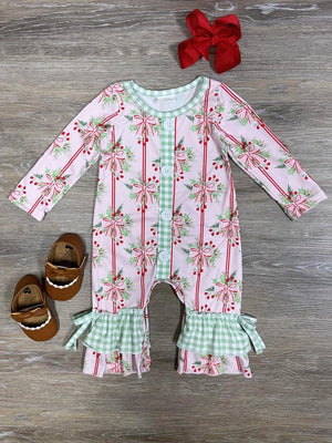 Coquette Christmas Bows Girls Gingham Trim Baby Romper - Sydney So Sweet