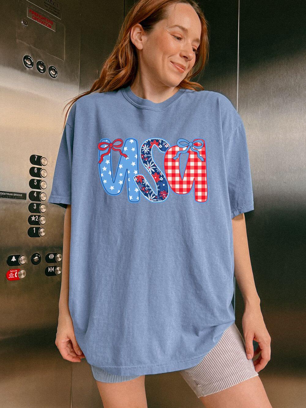 Coquette Bow USA Patriotic Graphic T-Shirt 4th of July Tee