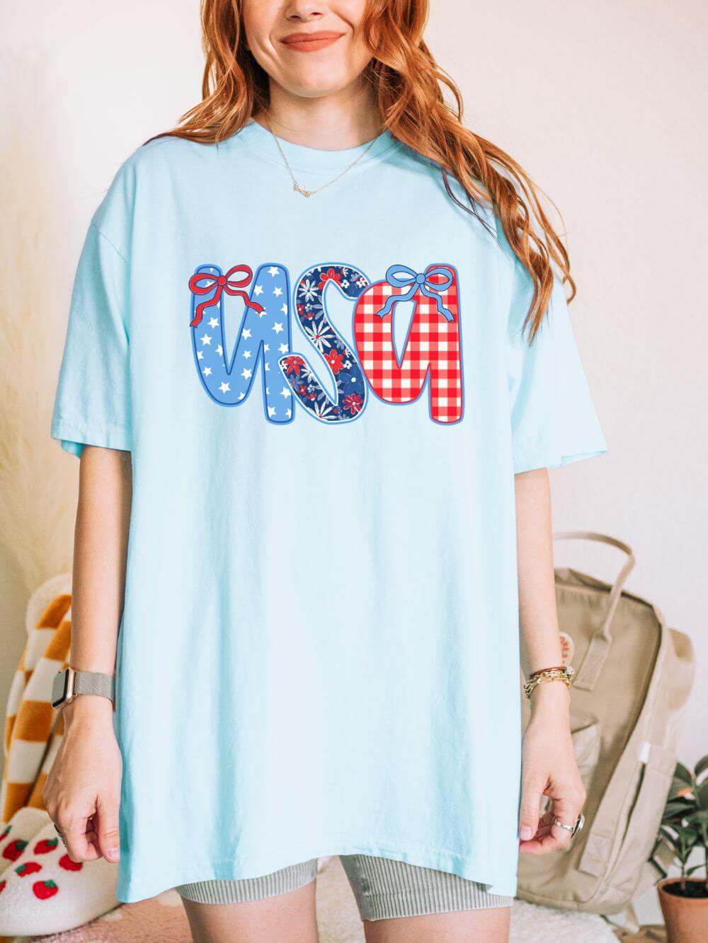 Coquette Bow USA Patriotic Graphic T-Shirt 4th of July Tee