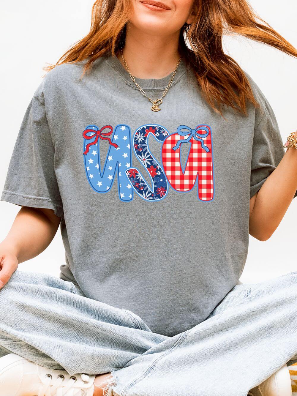 Coquette Bow USA Patriotic Graphic T-Shirt 4th of July Tee