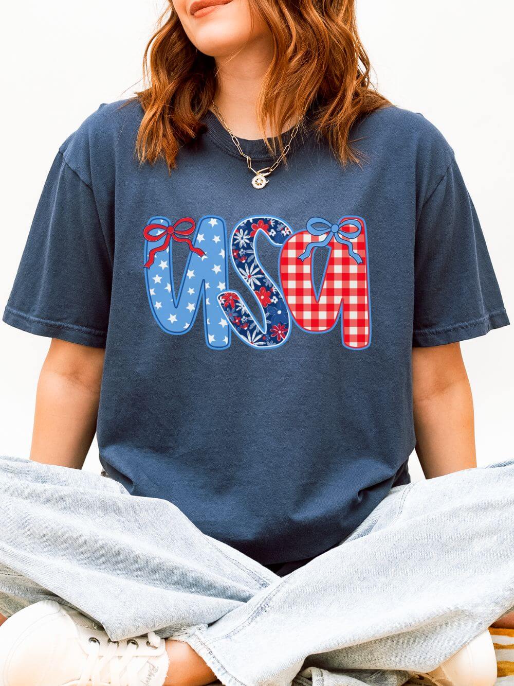 Coquette Bow USA Patriotic Graphic T-Shirt 4th of July Tee