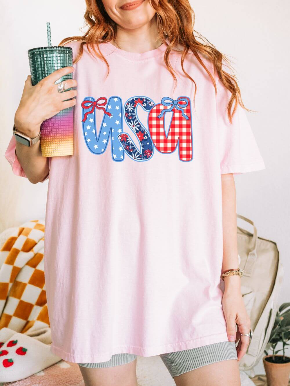 Coquette Bow USA Patriotic Graphic T-Shirt 4th of July Tee