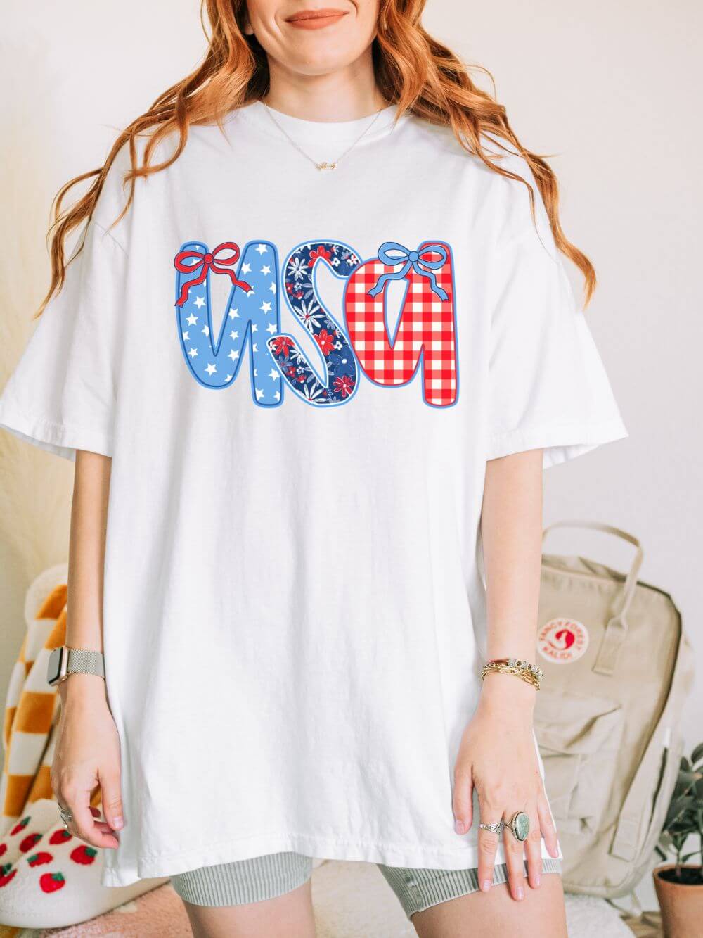 Coquette Bow USA Patriotic Graphic T-Shirt 4th of July Tee