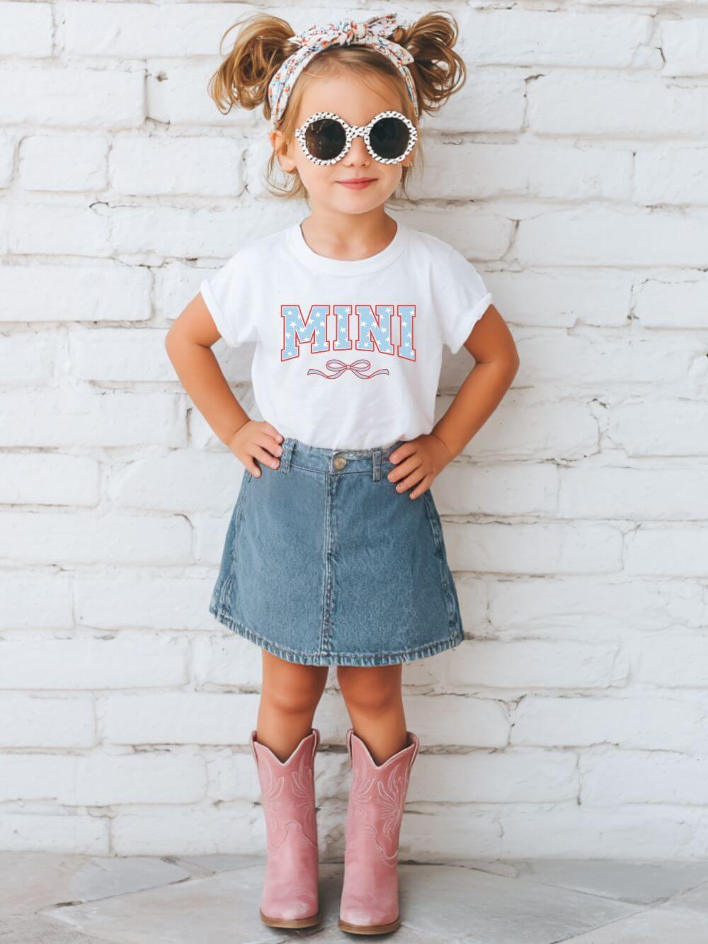 Mini 4th of July USA Coquette Varsity Blue Bow Patriotic T-shirt Preppy Star Tee