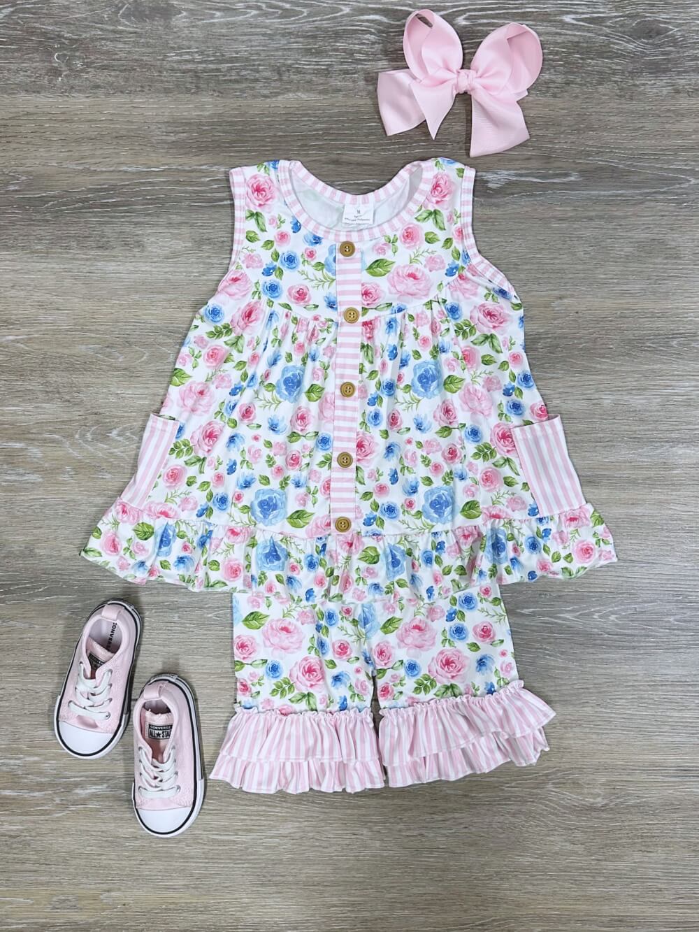 Cottage Bloom Ruffle Girls Spring Shorts Outfit
