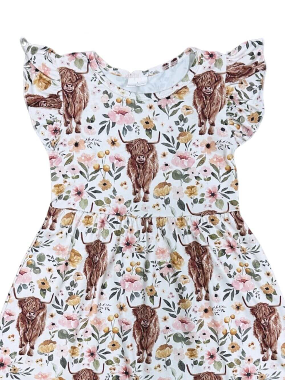 Country Cutie Girls Floral Highland Cow Twirl Dress - Sydney So Sweet