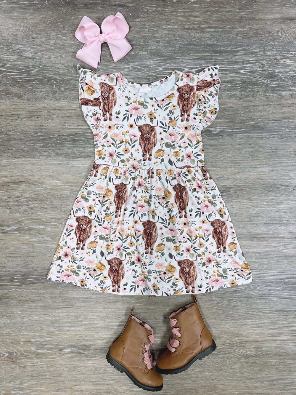 Country Cutie Girls Floral Highland Cow Twirl Dress - Sydney So Sweet
