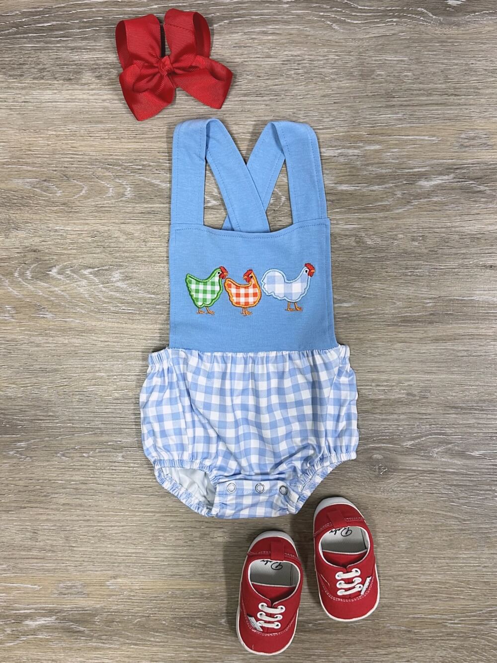 Country Cuties Girls Blue Gingham Chicken Baby Romper - Sydney So Sweet