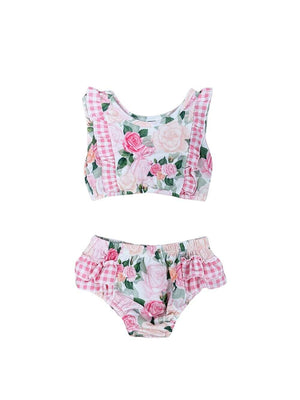 Country Floral Pink Girls Gingham Plaid Ruffle 2 Piece Swimsuit - Sydney So Sweet