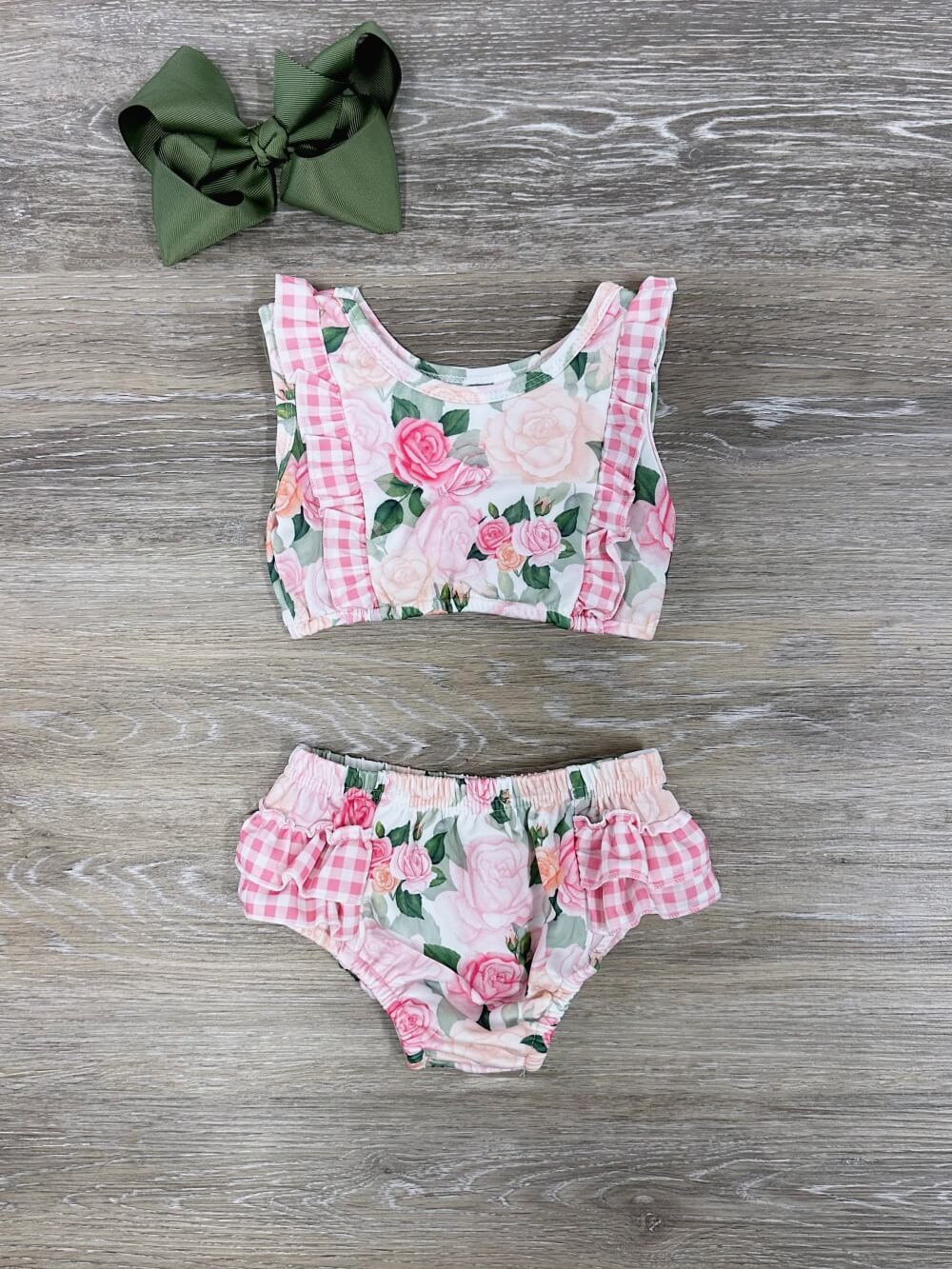 Country Floral Pink Girls Gingham Plaid Ruffle 2 Piece Swimsuit - Sydney So Sweet
