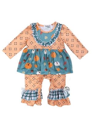 Country Pumpkin Orange & Green Ruffle Baby Outfit - Sydney So Sweet
