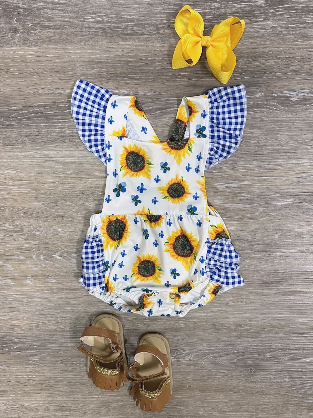 Country Sunflower Girls Blue Gingham Plaid Ruffle Baby Romper - Sydney So Sweet