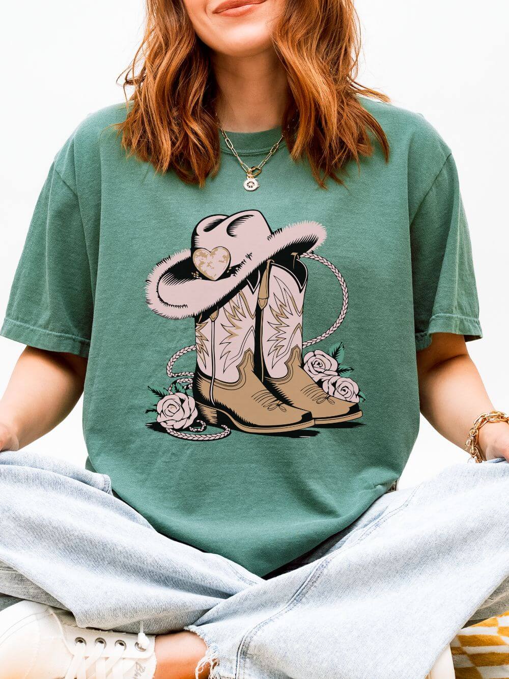 Cowgirl Valentine Boots & Hat Graphic T-Shirt Short Sleeve Tee - Sydney So Sweet