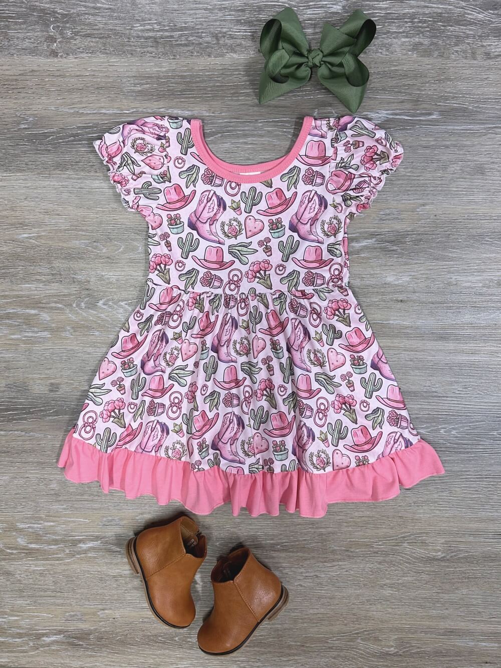 Cowgirls &amp; Cacti Pink Ruffle Trim Girls Puff Sleeve Dress - Sydney So Sweet