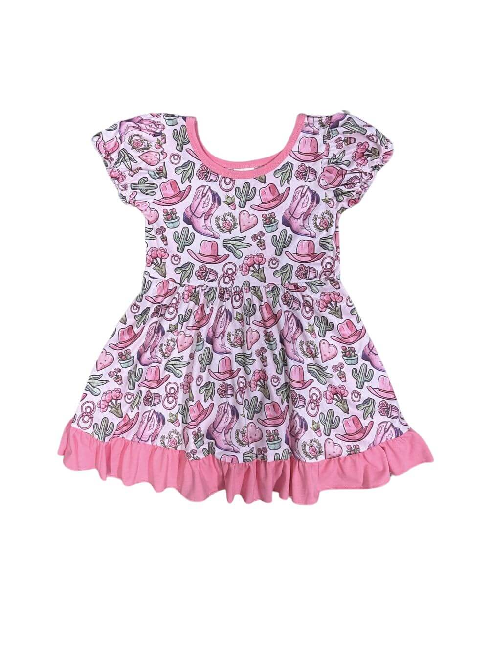 Cowgirls & Cacti Pink Ruffle Trim Girls Puff Sleeve Dress - Sydney So Sweet