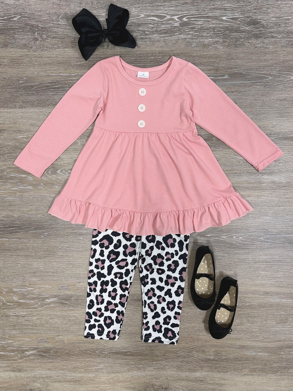 Cozy & Cute Girls Ruffle Tunic Leopard Leggings Outfit - Sydney So Sweet