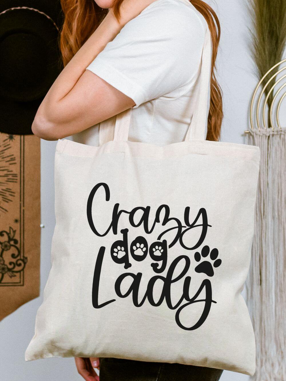 Crazy Dog Lady Cotton Canvas Tote Bag Reusable Grocery & Market Bag