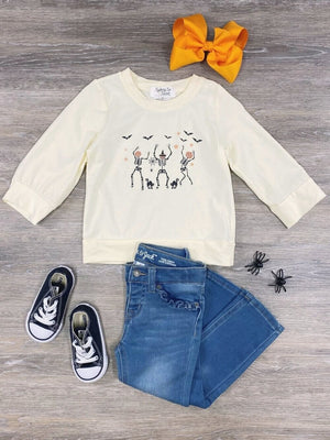 Cream Dancing Skeletons Long Sleeve Pullover Top - Sydney So Sweet