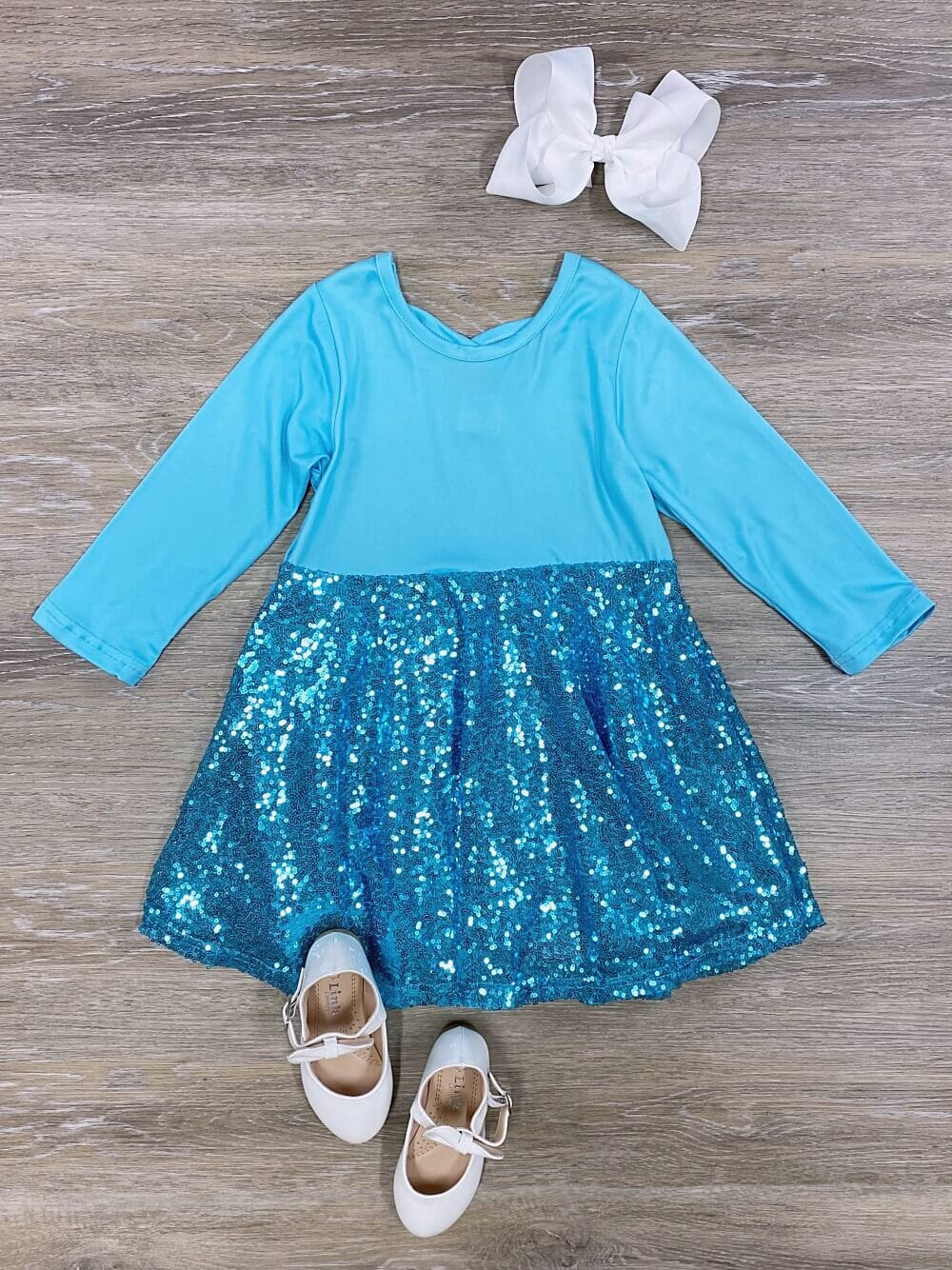 Cross Back Blue Girls Sequin Skater Dress - Sydney So Sweet