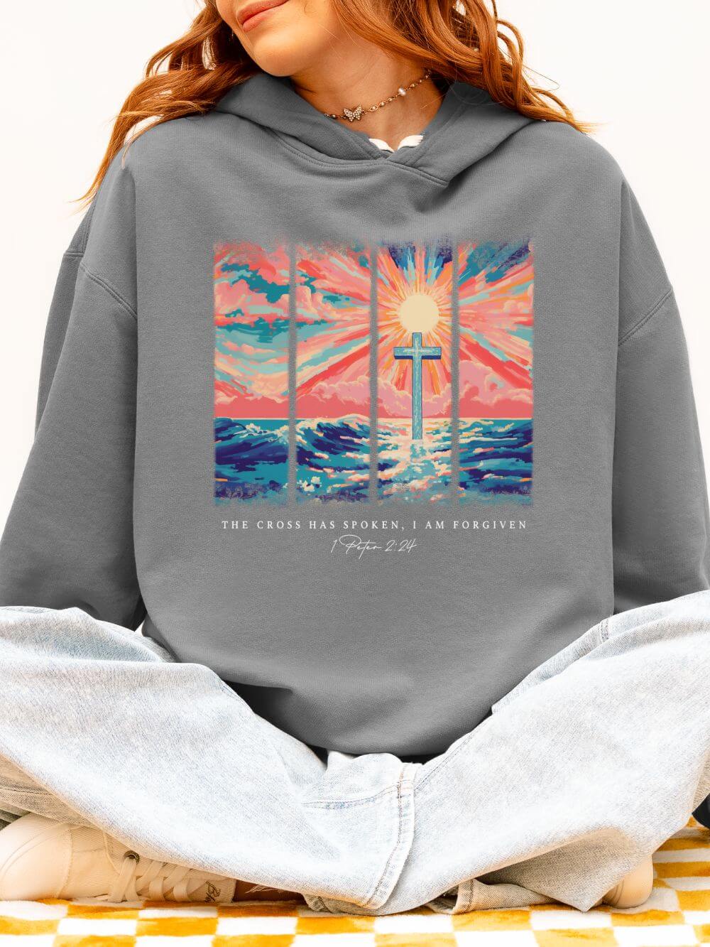 The Cross Has Spoken I am Forgiven Christian Cross Sunset Hoodie Graphic Sweatshirt