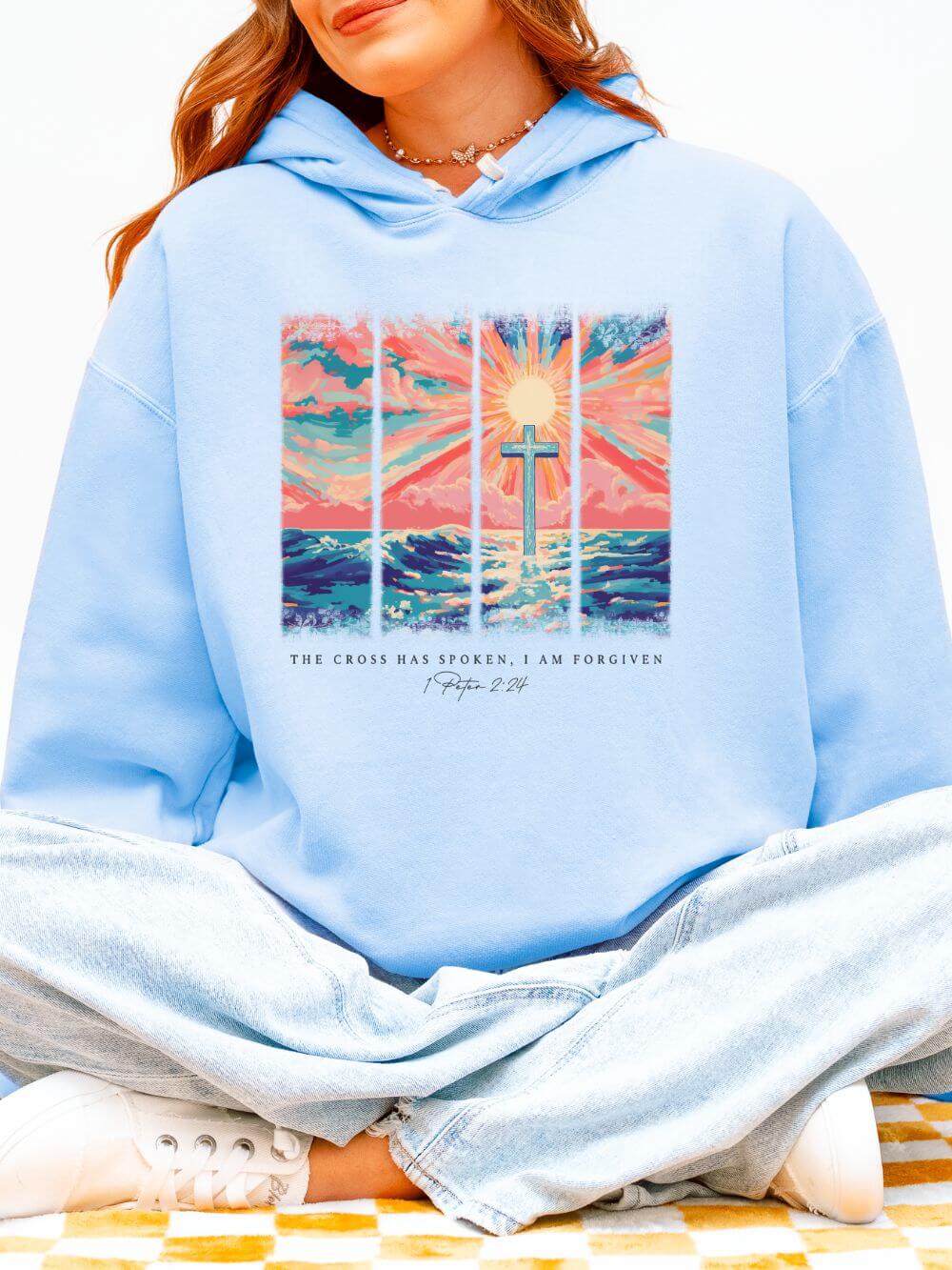 The Cross Has Spoken I am Forgiven Christian Cross Sunset Hoodie Graphic Sweatshirt