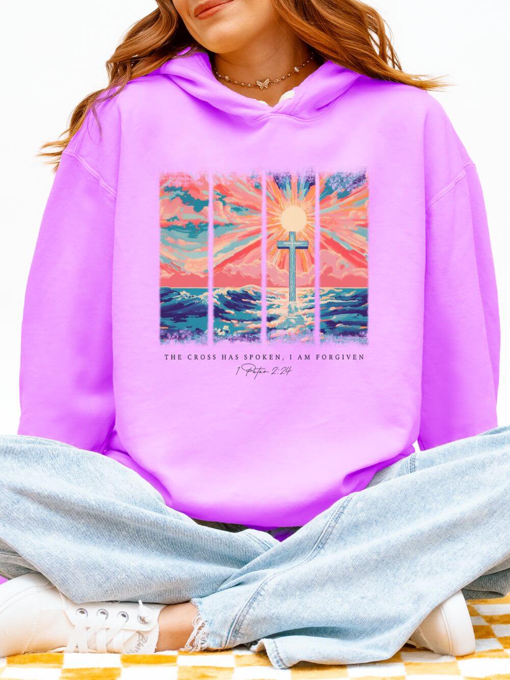 The Cross Has Spoken I am Forgiven Christian Cross Sunset Hoodie Graphic Sweatshirt