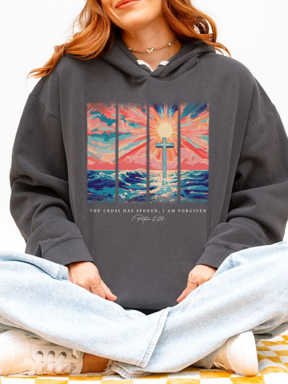 The Cross Has Spoken I am Forgiven Christian Cross Sunset Hoodie Graphic Sweatshirt