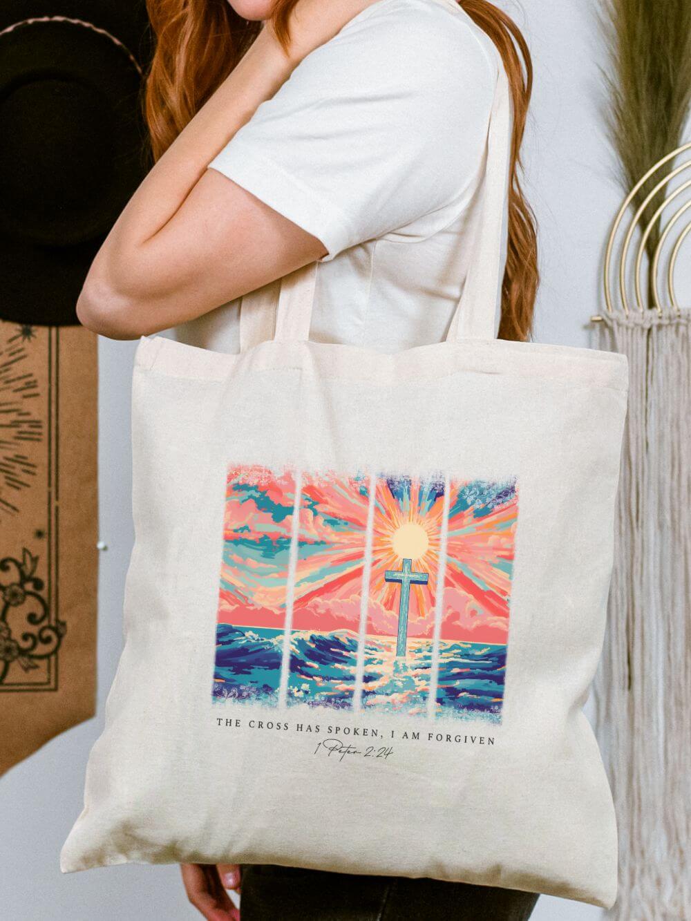 The Cross Has Spoken I am Forgiven Christian Cotton Canvas Tote Bag