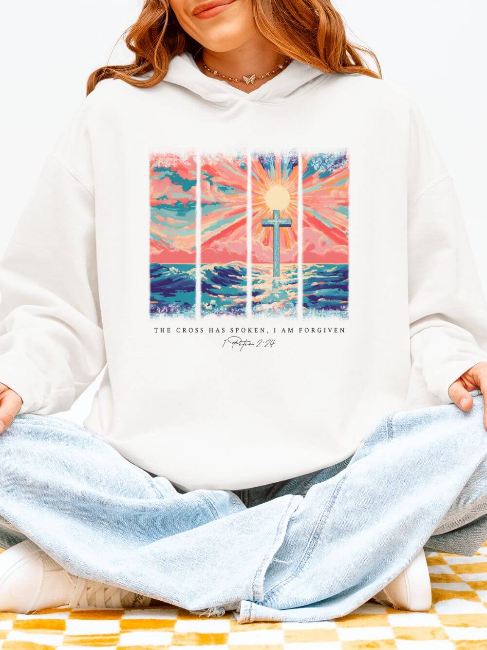The Cross Has Spoken I am Forgiven Christian Cross Sunset Hoodie Graphic Sweatshirt