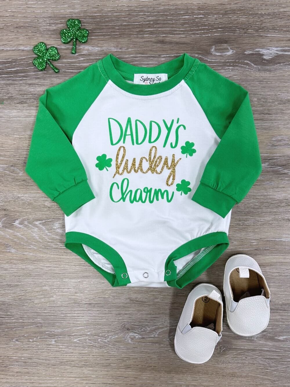 Daddy&#39;s Lucky Charm Raglan Sleeve St. Patrick&#39;s Day Baby Romper - Sydney So Sweet