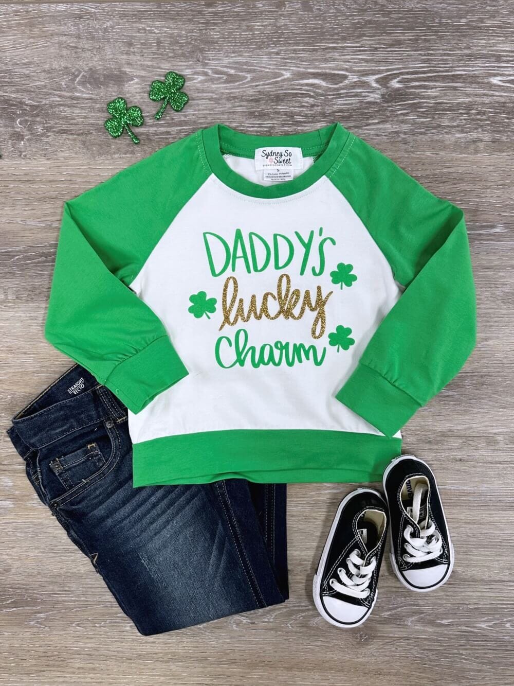 Daddy&#39;s Lucky Charm Raglan Sleeve St. Patrick&#39;s Day Pullover Top - Sydney So Sweet