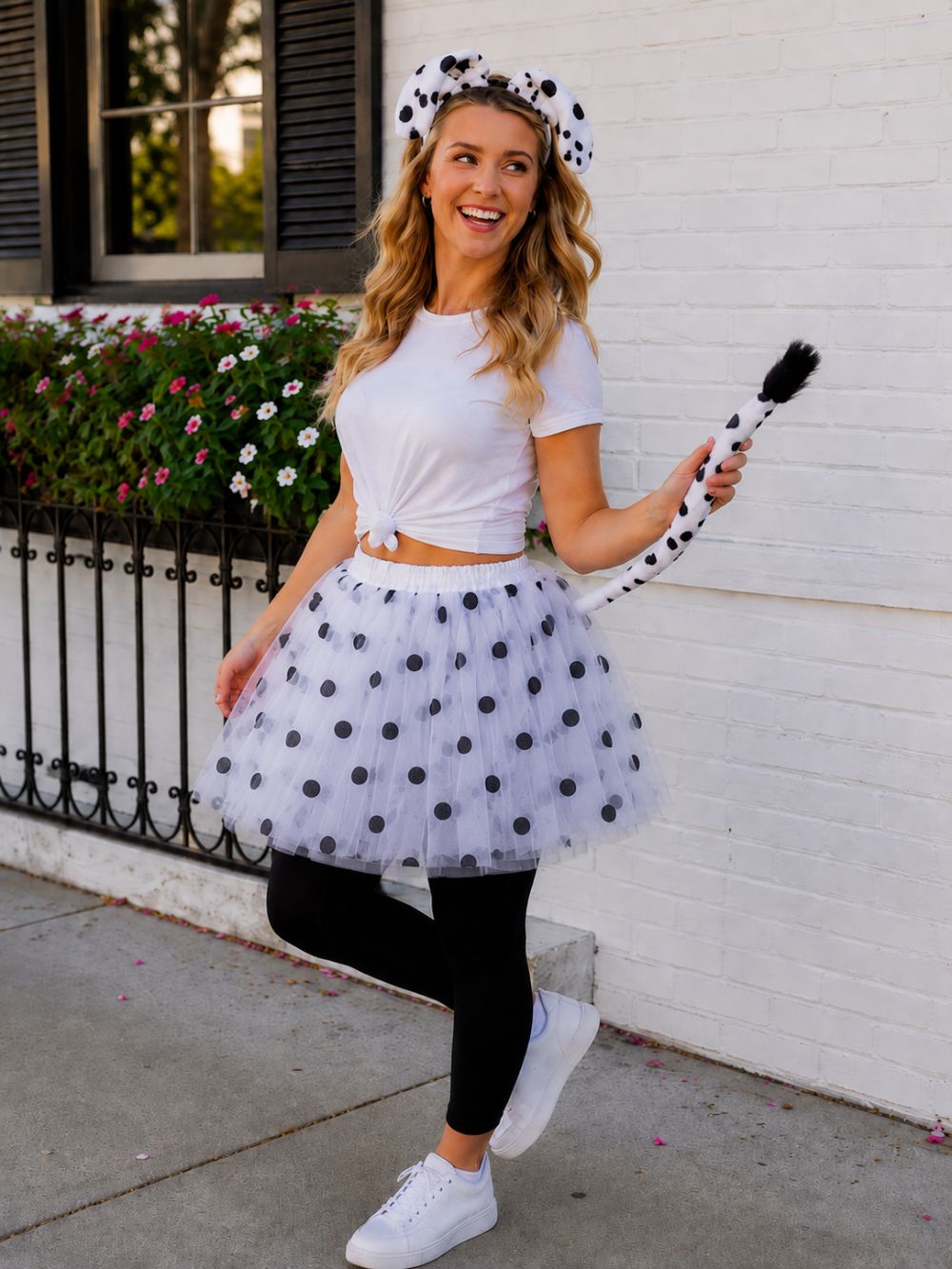 Women's Dalmatian Costume Set for Adults & Plus Size – Tutu Skirt, Tail & Ears Headband – Cute Dog Outfit for Halloween & Cosplay