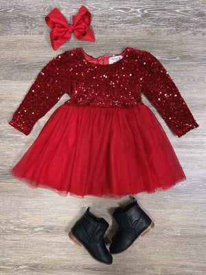 Dark Red Sequin & Velvet Girls Chiffon Tutu Dress - Sydney So Sweet