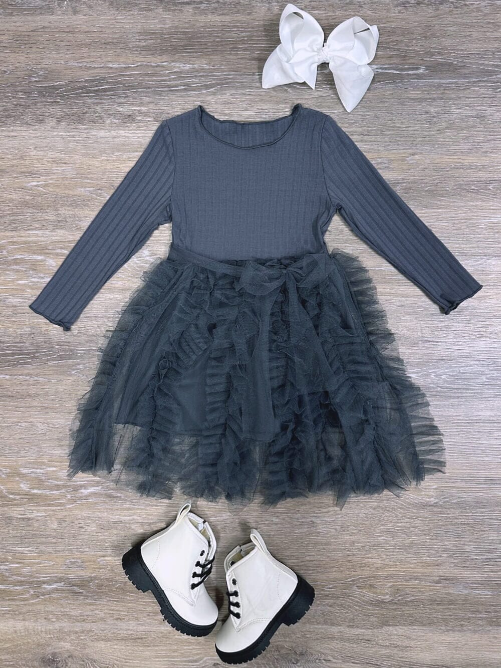 Dark Gray Ribbed Knit Frill Chiffon Girls Boutique Dress - Sydney So Sweet