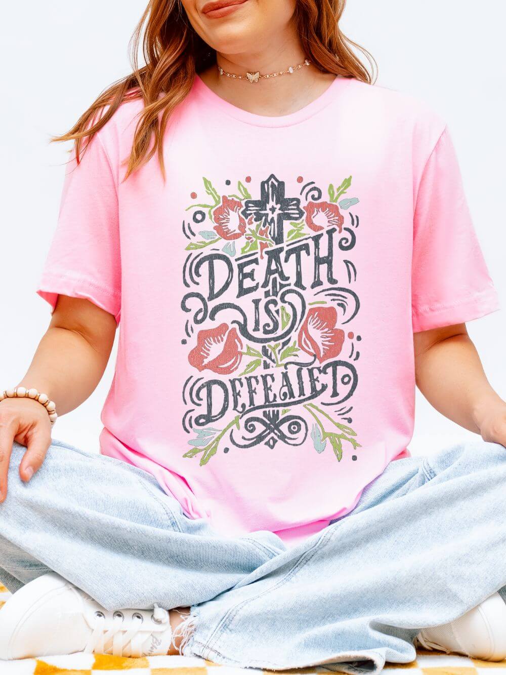 Death Is Defeated T-Shirt Vintage Floral Resurrection Christian Distressed Graphic Tee