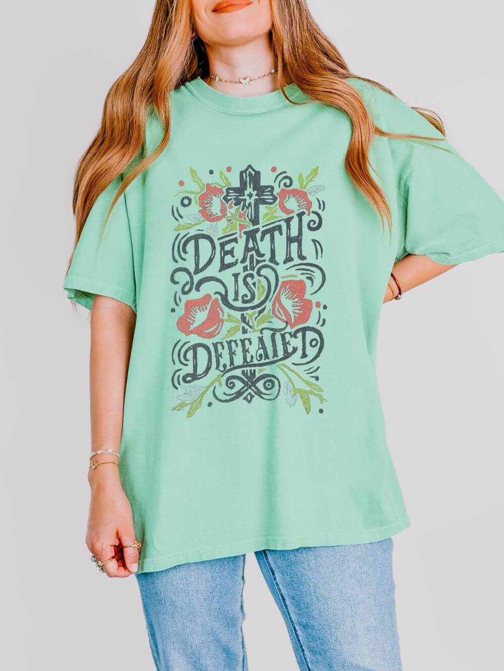 Death Is Defeated T-Shirt Vintage Floral Resurrection Christian Distressed Graphic Tee