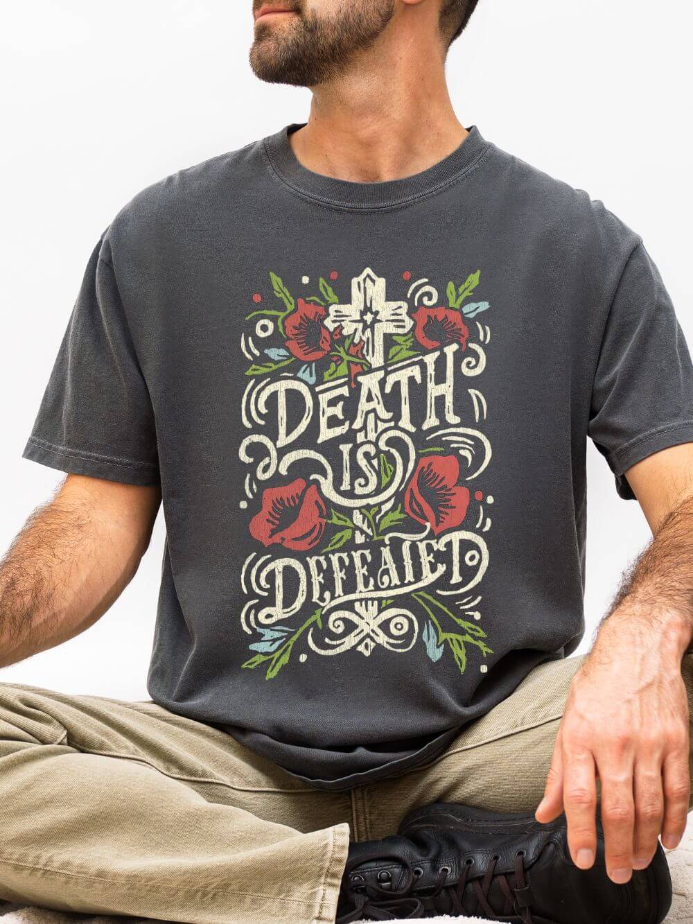 Death Is Defeated T-Shirt Vintage Floral Resurrection Christian Distressed Graphic Tee