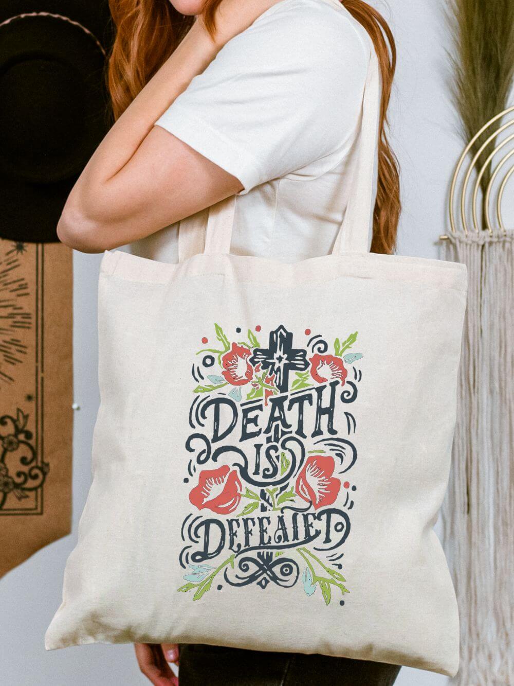 Death Is Defeated Floral Cross Christian Cotton Canvas Tote Bag