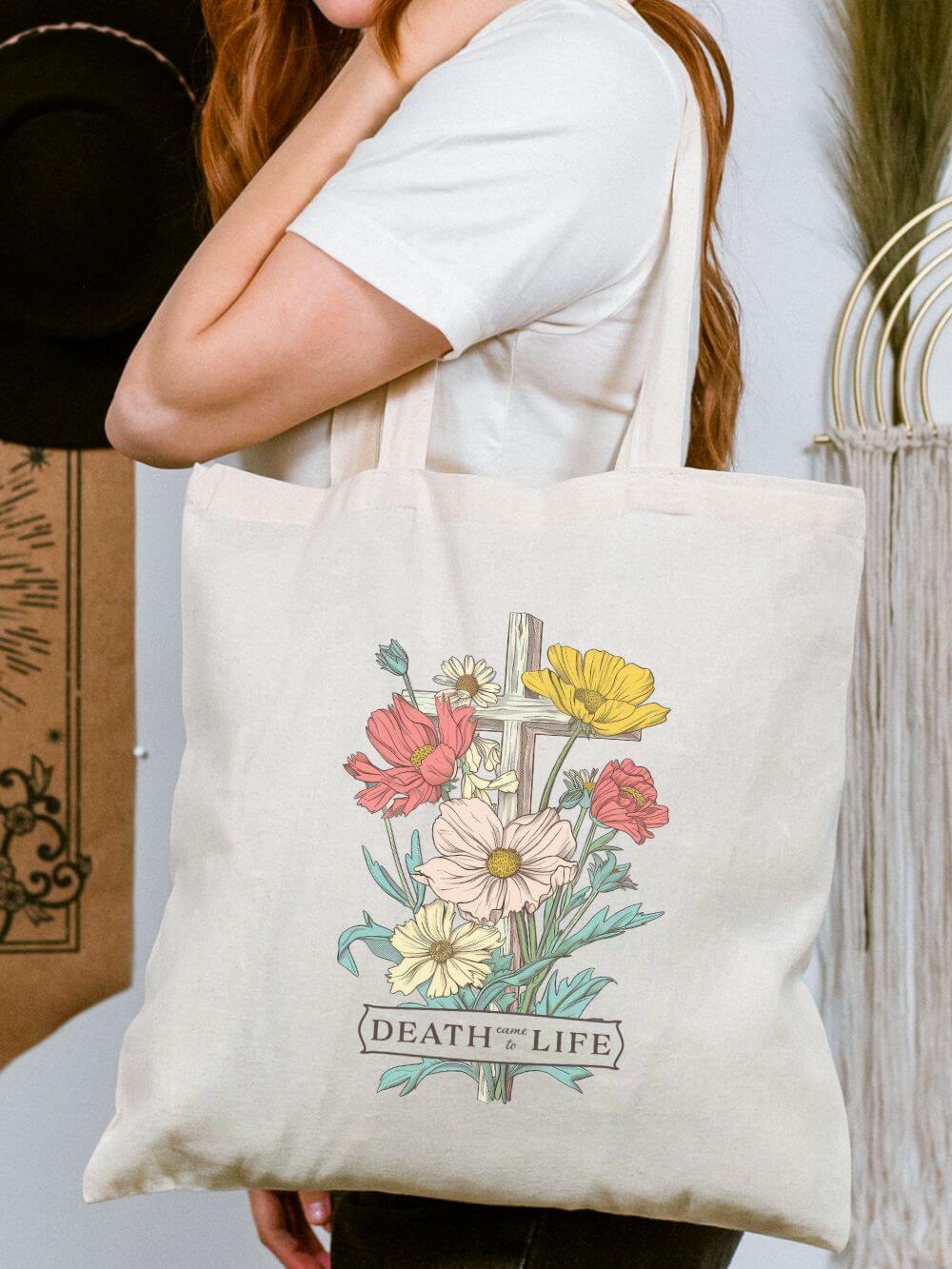 Death to Life Floral Cross Christian Cotton Canvas Church Tote Bag