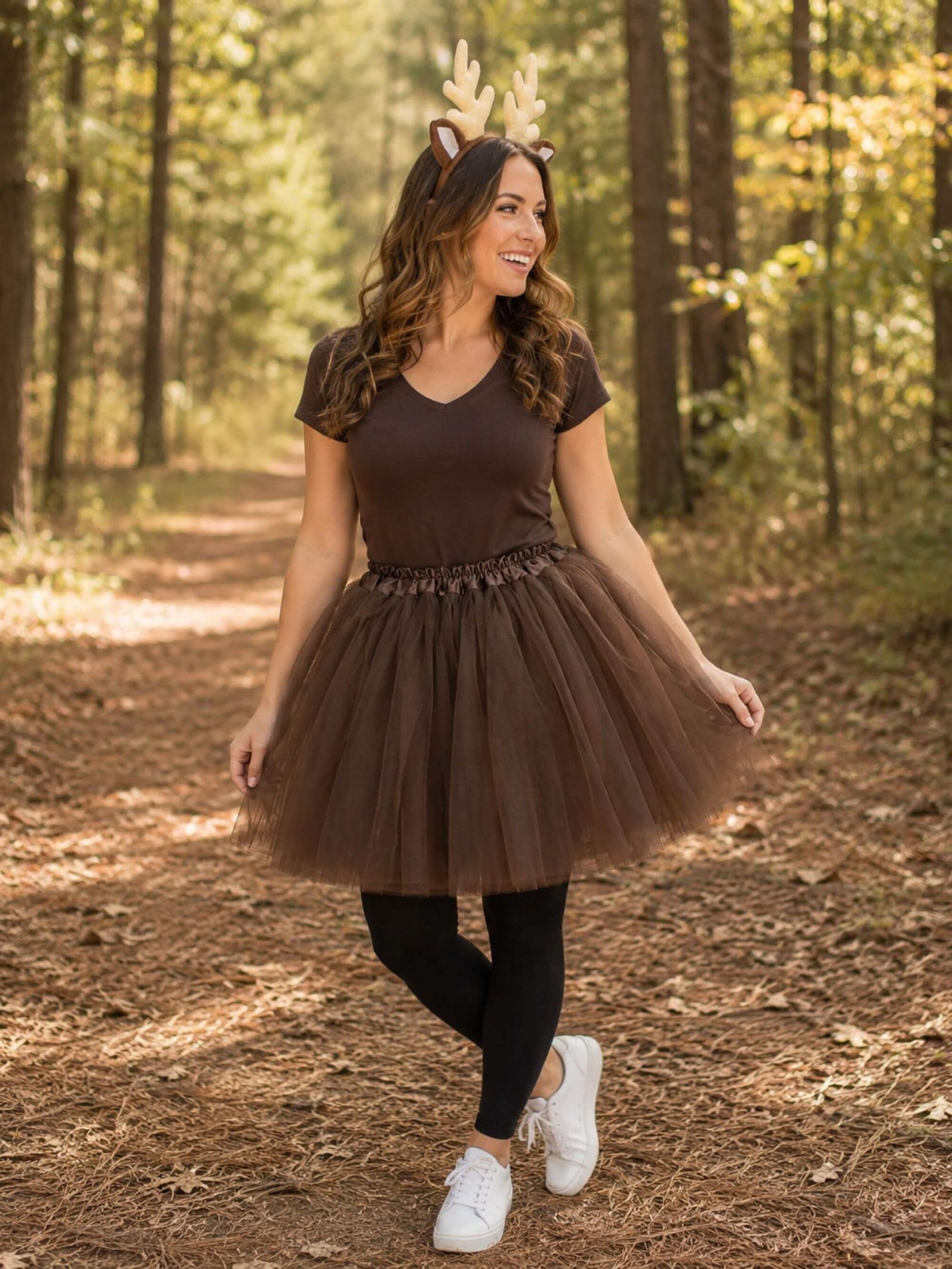 Women's Brown Deer Costume Set for Adults & Plus Size – Brown Tutu Skirt & Antler Headband – Fun Animal Outfit for Halloween & Cosplay