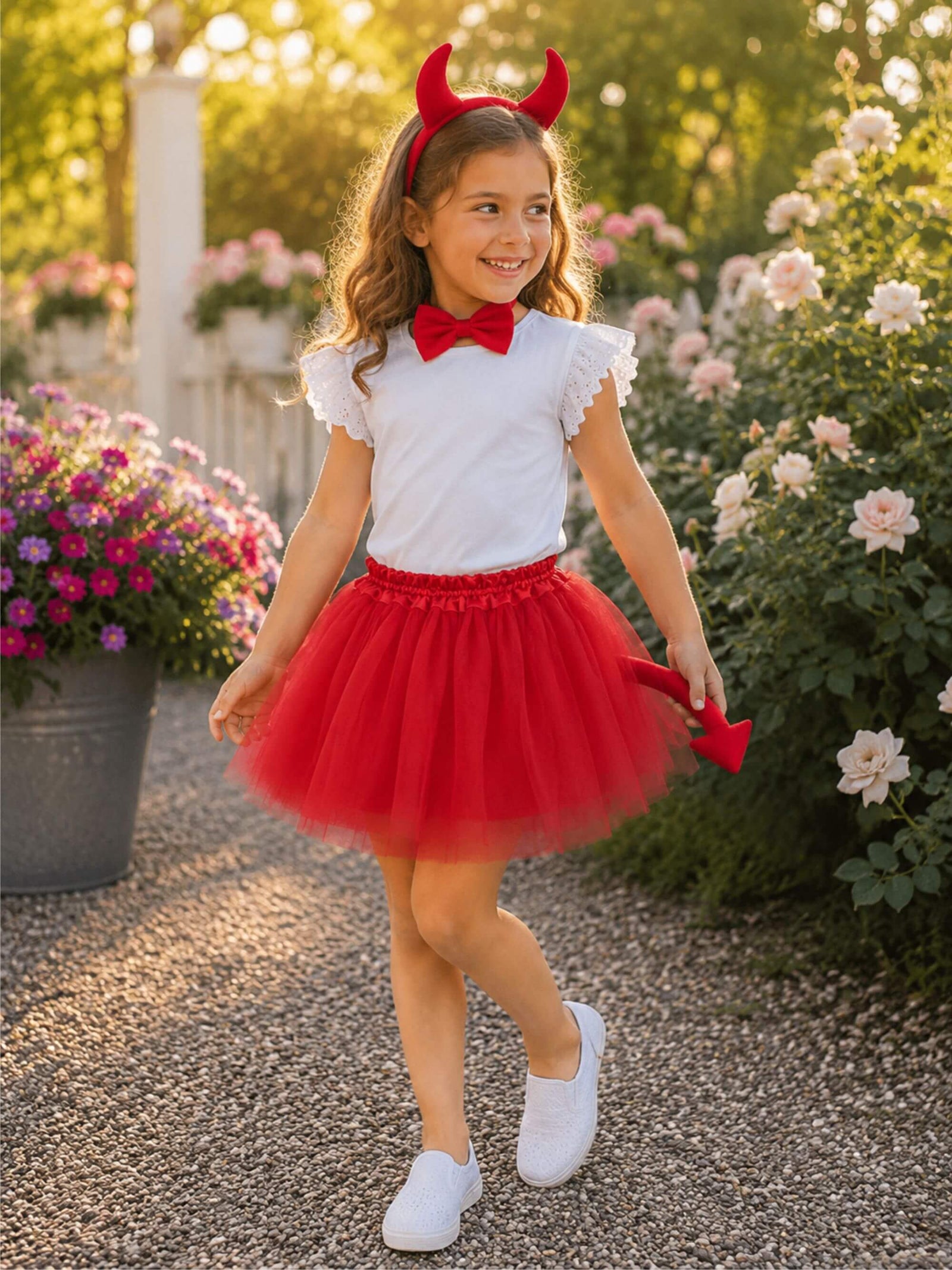Girls Red Devil Costume - Complete Kids Costume Set with Tutu, Horns, Bow Tie, & Tail