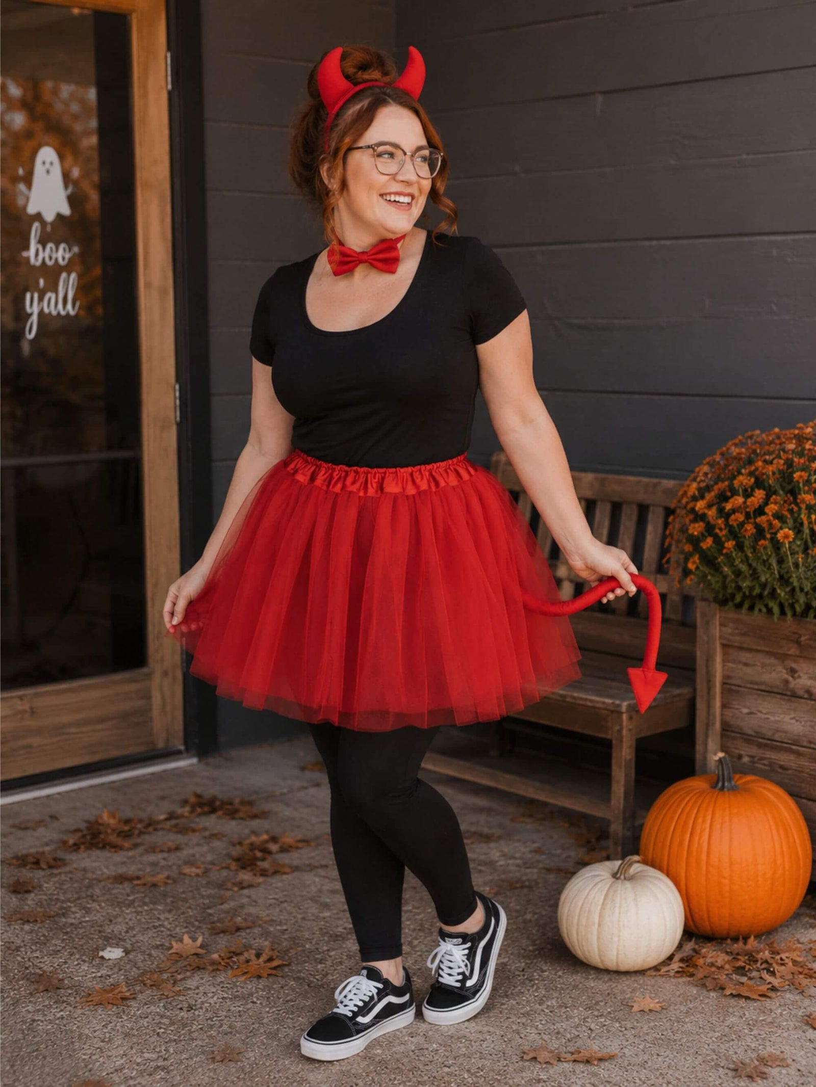 Women's Red Devil Costume Set for Adults & Plus Size – Tutu Skirt, Tail & Horns Headband – Fiery Outfit for Halloween & Cosplay