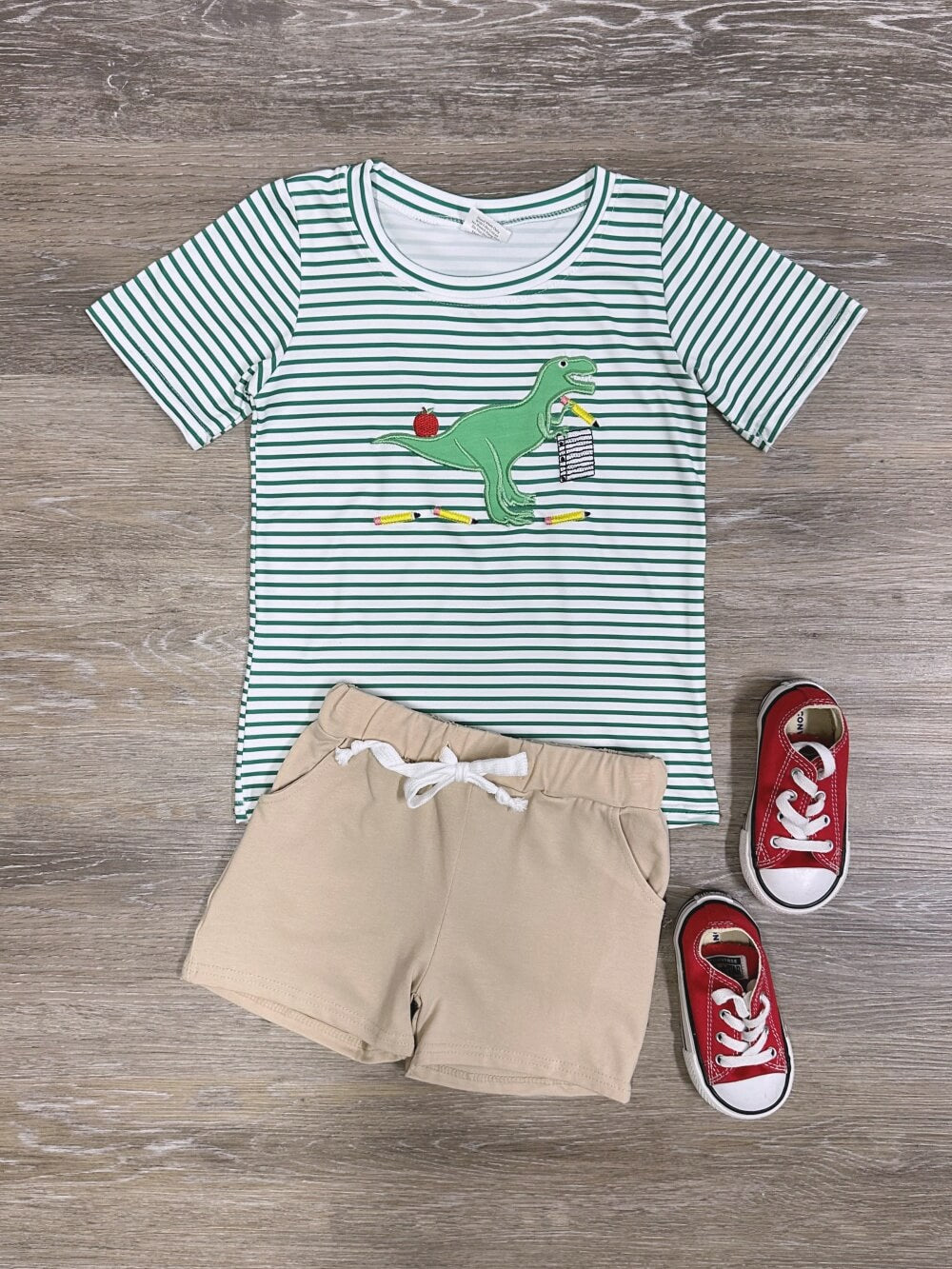 Dinosaur Boys Back to School T-Rex Top & Khaki Shorts Outfit - Sydney So Sweet