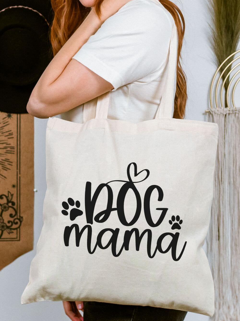 Dog Mama Cotton Canvas Tote Bag Cute Paw Print Dog Lover Gift