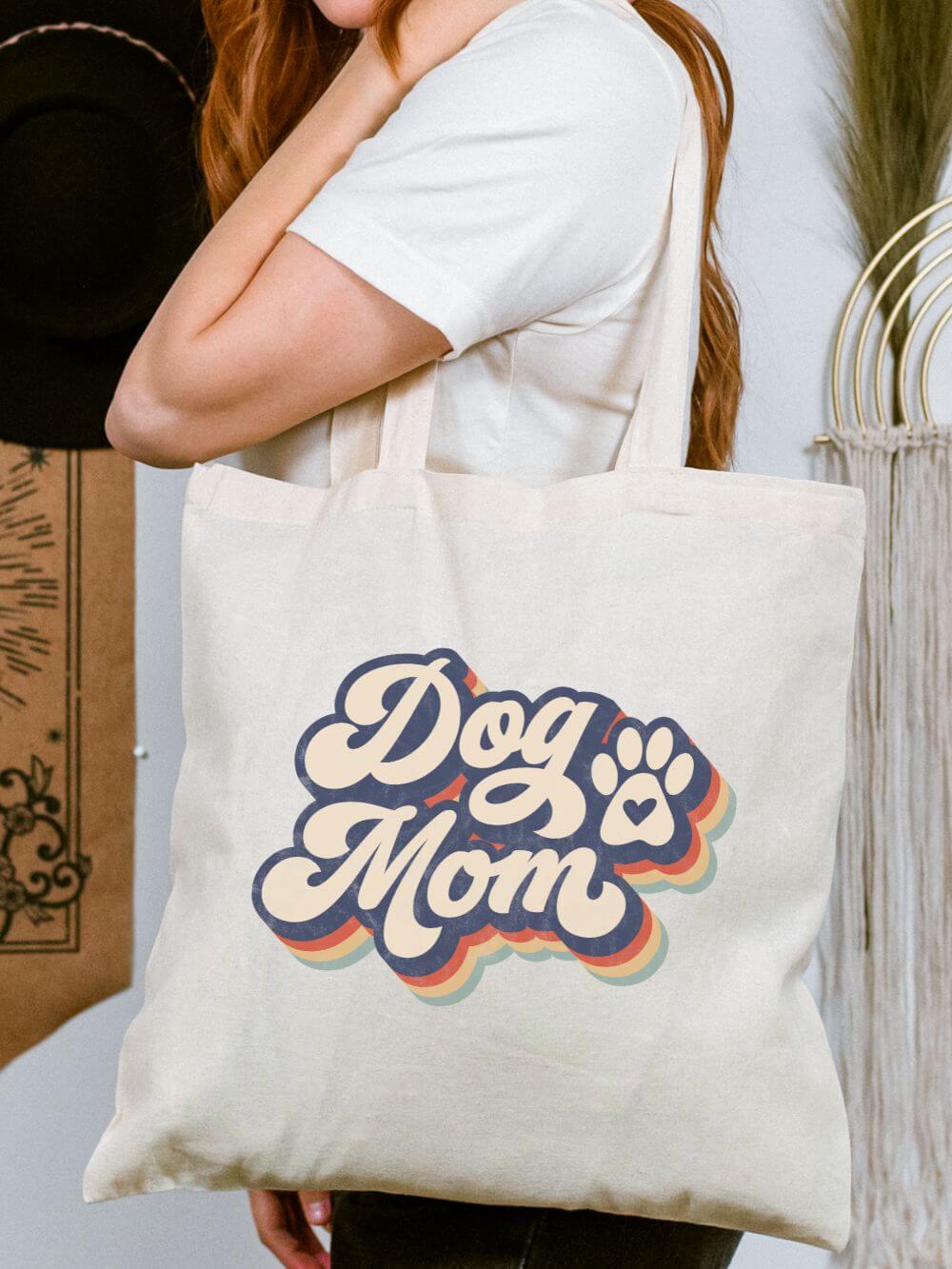 Dog Mom Retro Rainbow Paw Print Cotton Canvas Tote Reusable Grocery Bag